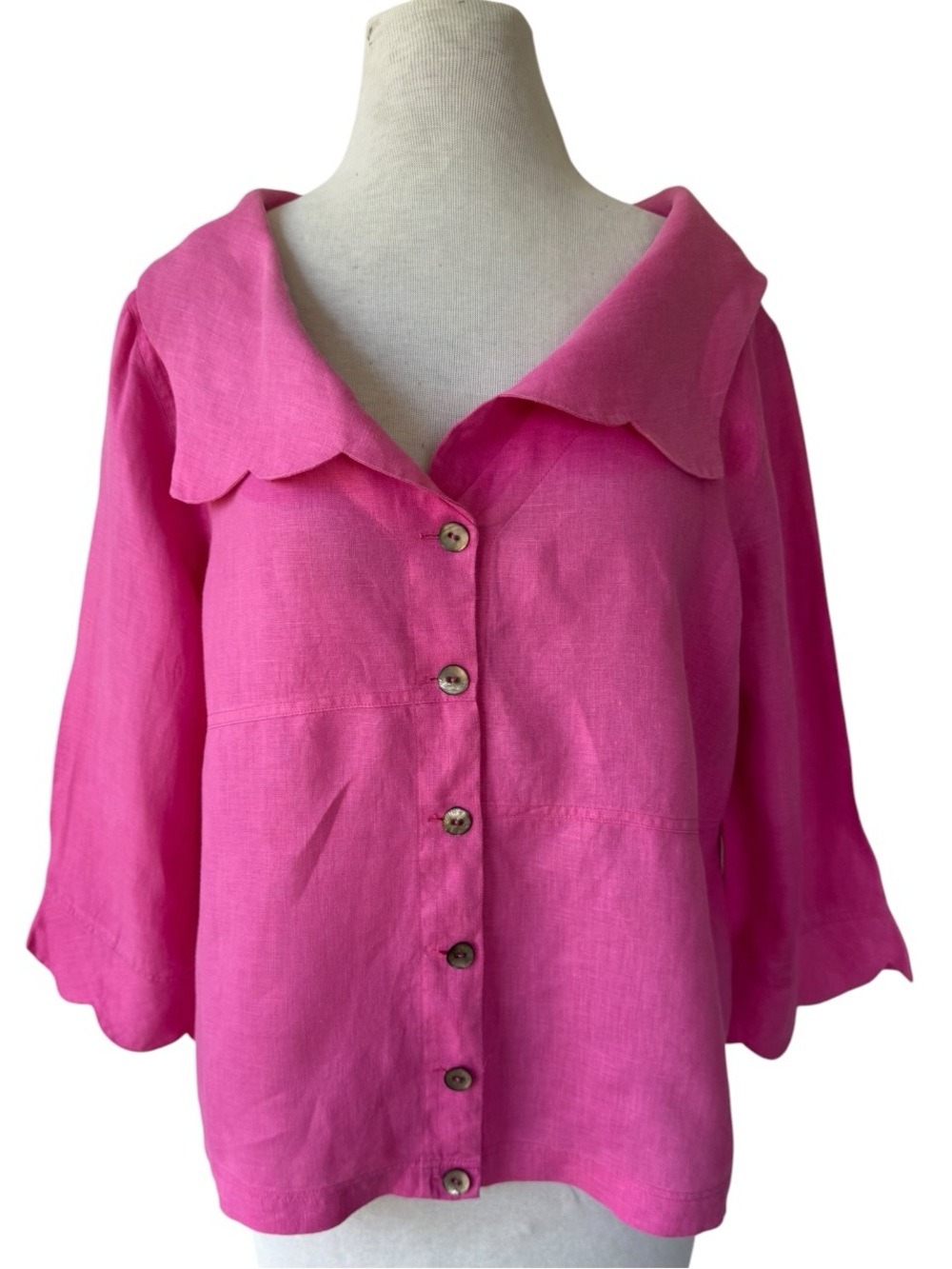 Hot Pink Linen Button Front Blouse Square Collar Scalloped Sz L Preppy